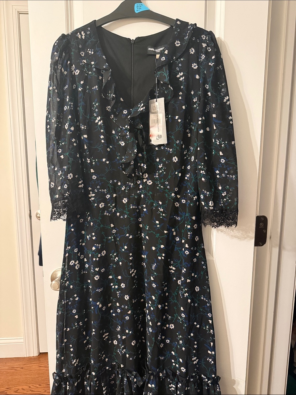 Karl Lagerfeld Black Floral Long Sleeve Midi with White & Blue Accents